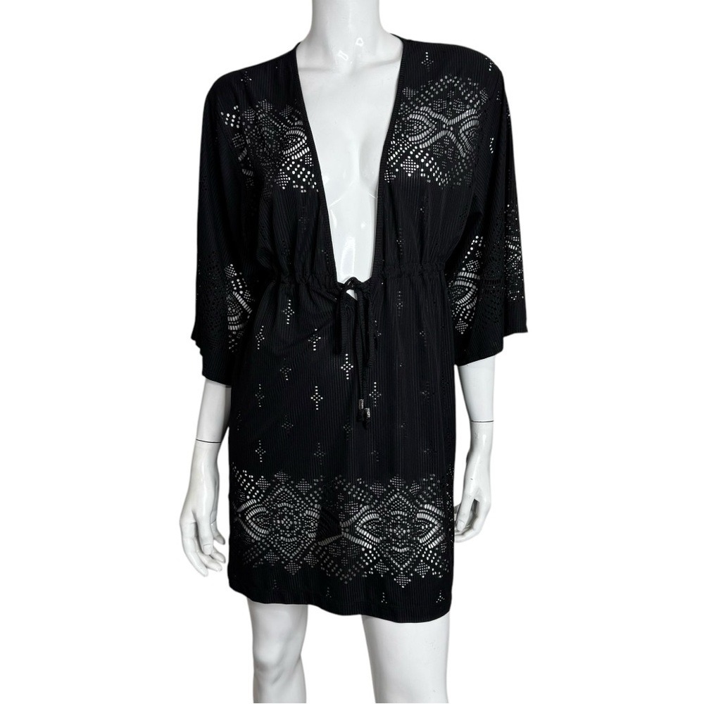 4/$40 Dotti Black 1/2 Length Sleeves V-Neck Crochet Swimsuit Cover-Up Dress